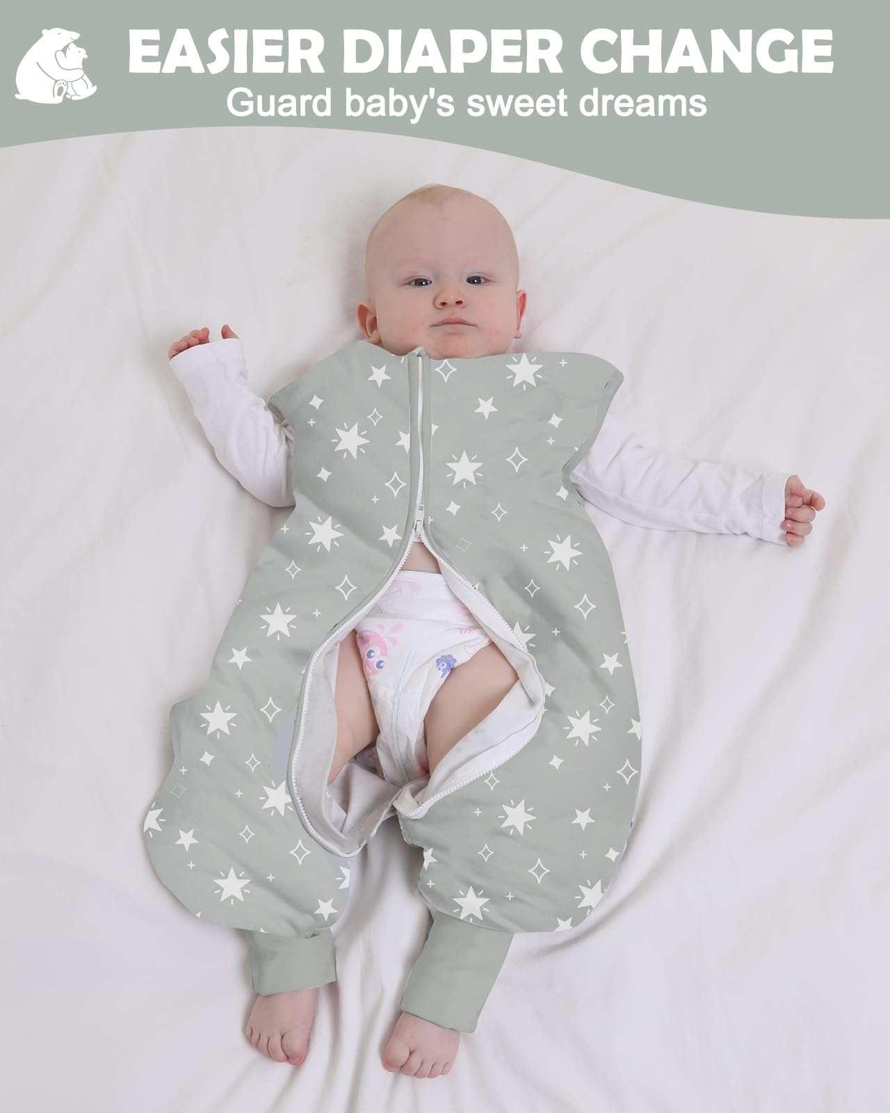 Lictin Sacco a pelo con piedi-2.5 TOG Sacco a pelo per bambini, stampa a stelle grigie, taglia: M-80 cm, altezza adatta del bambino (90-100 cm/18 mesi-3 anni)