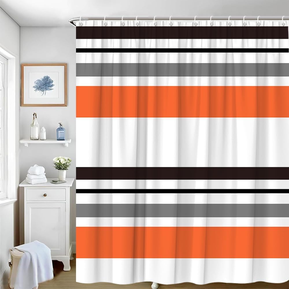 Orange Stripe Shower Curtain Black White Grey Abstract Geometric Modern Contemporary Simple Fashion Mid Century Bathtub Bathroom Accessories Set Polyester Fabric with Hook 70Wx70H Inch image 3