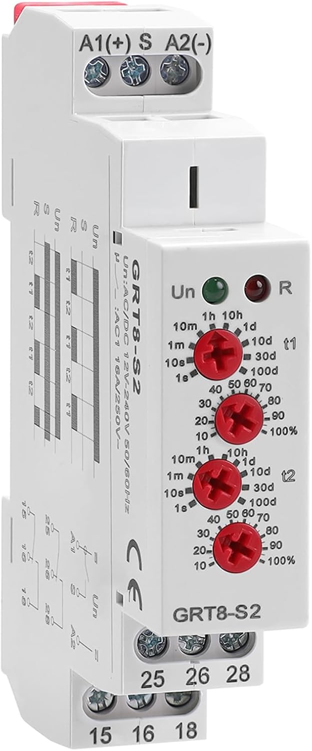 Asymmetric Cycle Time Relay 1SPDT 16A，GRT8-S1 Long or Short Period Repeat Cycle Tntermittent Timer Electronic Relay in Din Rail Wide Voltage Range AC DC 12V to 240V