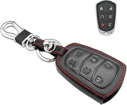 MECHCOS Compatible with Cadillac SRX ATS CT6 CTS XT5 XTS Escalade ESV Key fob Cover Case 6 Buttons Leather Shell Holder