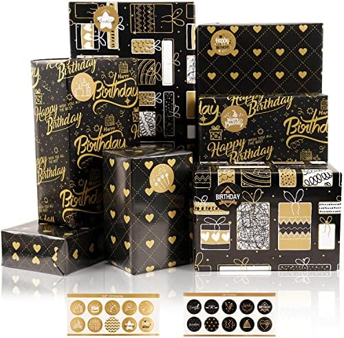 Birthday Wrapping Paper Set, 6 Sheets Black Gold Gift Wrapping Paper, Gift Wrapping Paper with Stickers for Birthday, Thanksgiving, Christmas, Graduation, 27×19 Inches