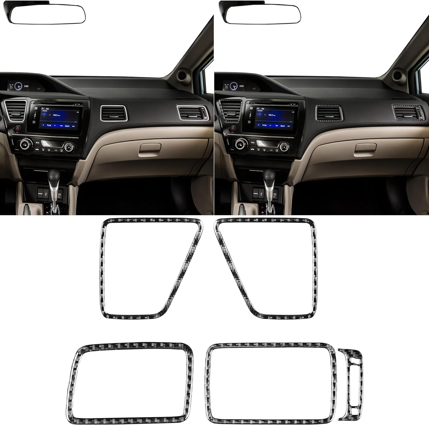 Real Carbon Fiber Dashboard Both Sides Air Vent Outlet Frame Sticker Interior Trim Accessories Compatible with Honda Civic 9 Coupe/Sedan 2013 2014 2015 Black - Kit