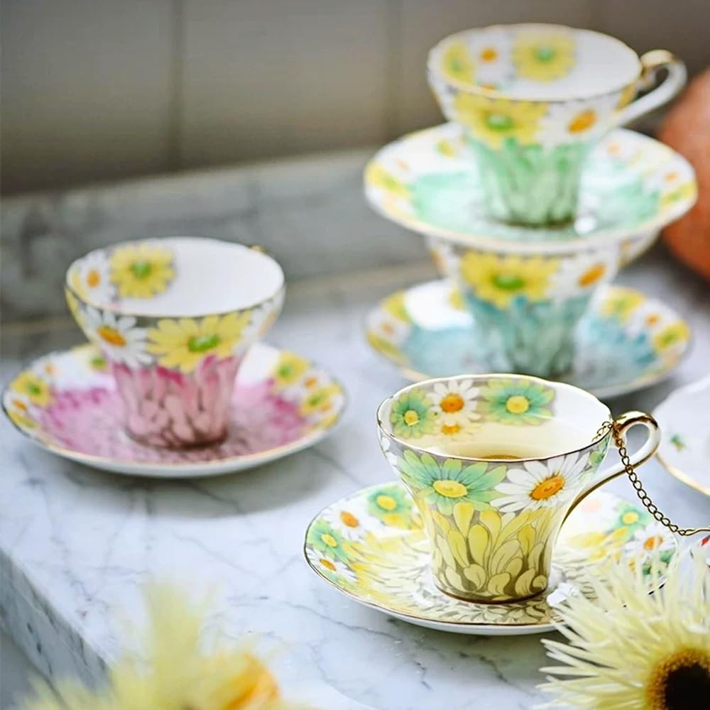 Zestaw filiżanek i spodków do herbaty z porcelany kostnej, filiżanka do kawy ze spodkiem - 2 sztuki, dla kobiet i na spotkania herbaciane