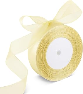 Light Yellow Organza Sheer Ribbon 2 Rolls 50 Yards 1 Inch Shimmer Sheer Organza Ribbon Tulle Chiffon Fabric Ribbons for Gift Wrapping Wedding Bouquet Crafts Bowknot Gift Hair Decoration