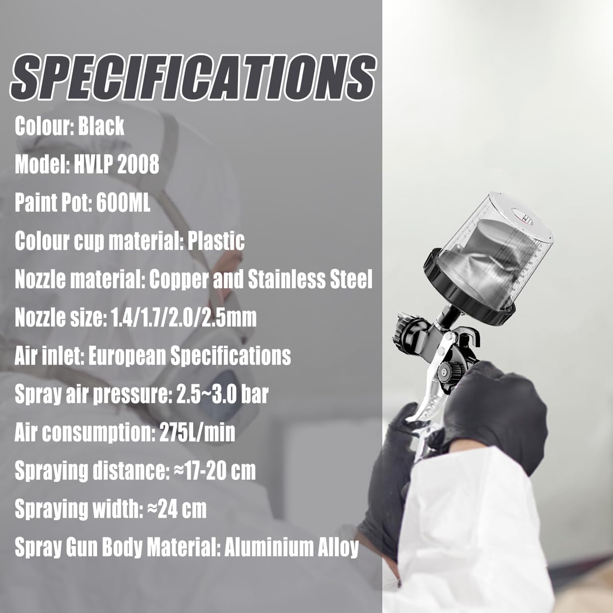HVLP Pistola de Pintura Profesional, Pistola Pulverizadora de Pintura con Boquillas de 1,4/1,7/2,0/2,5 mm y Regulador de Presión de Aire con Copa Pulverizadora de 600 ml y Accesorios de Pulverización