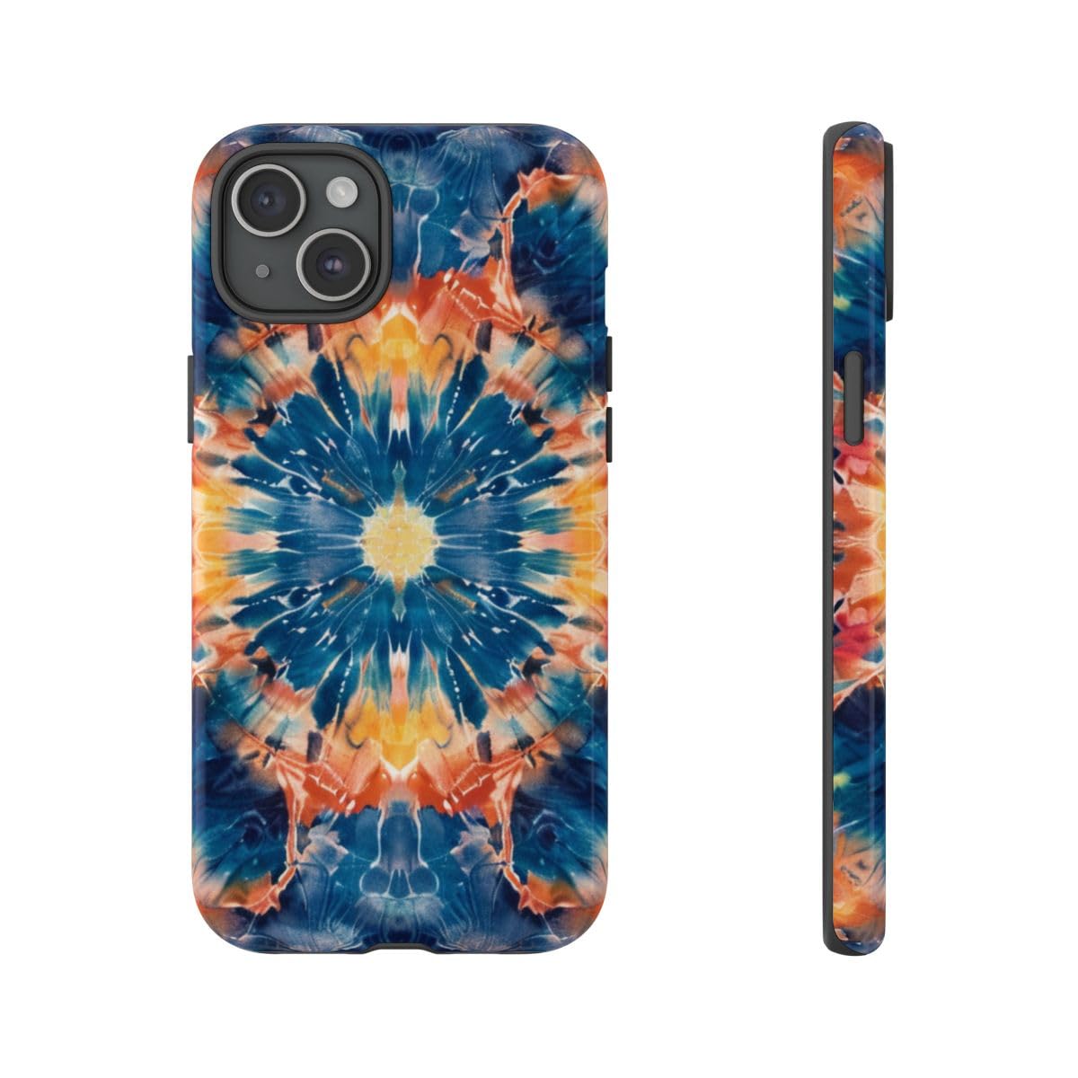 Coque iPhone 15 Plus bleu motif mandala brillant de style tie-dye chic