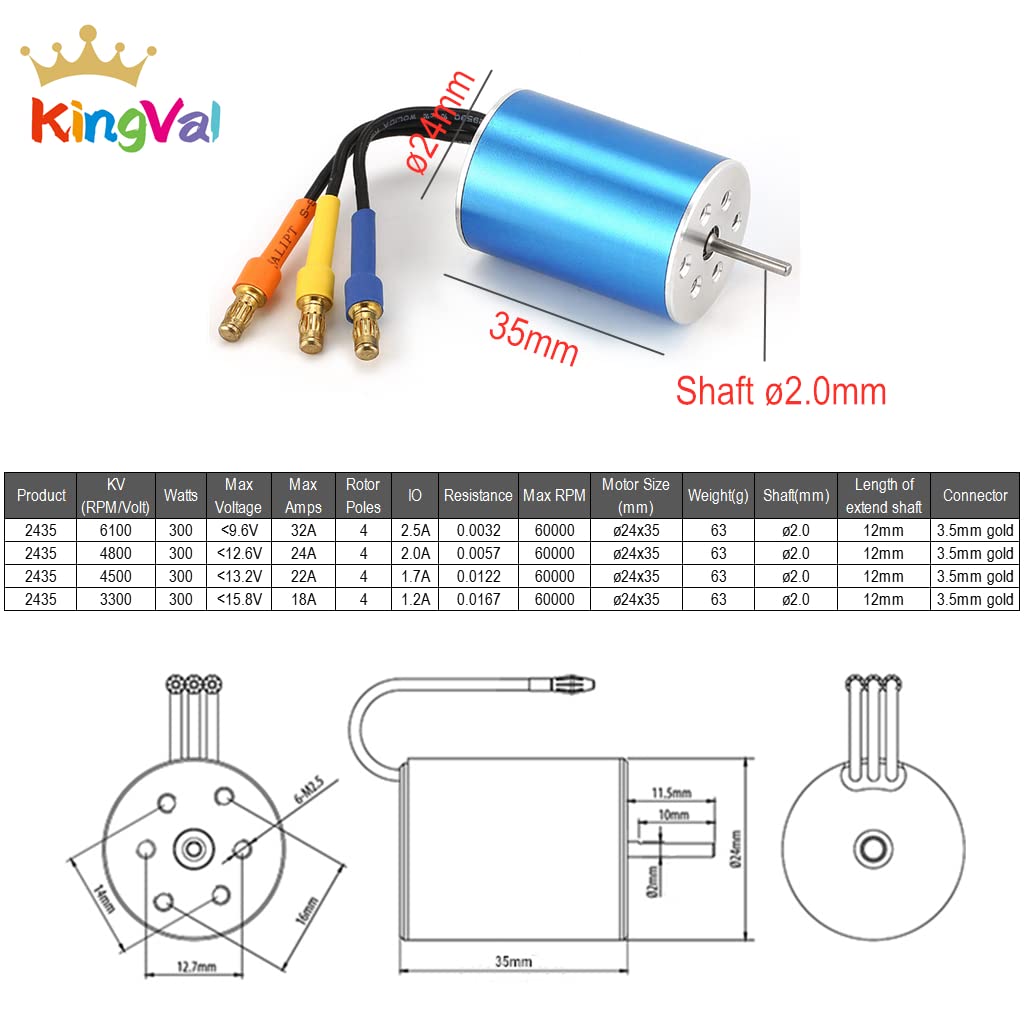 KingVal Replacement 2435 4500KV Sensorless Brushless Motor Shaft 2.0mm with 25A Brushless ESC Compatible with 1/16 1/18 RC Car