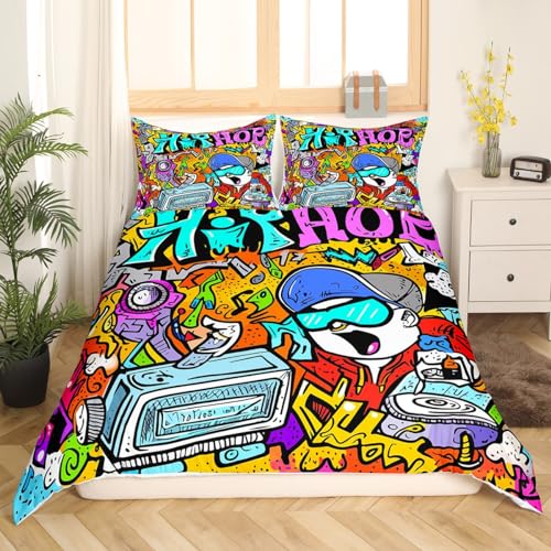 Boys Hip Hop Bedding Set for Kids Boys Teens Youth Hippie Duvet Cover 2 Pieces 135 x 200cm & 2Pillowcase Watercolor Graffiti Soft Microfiber Graffiti Wall Art Design Comforter Cover with Zipper - Image 3