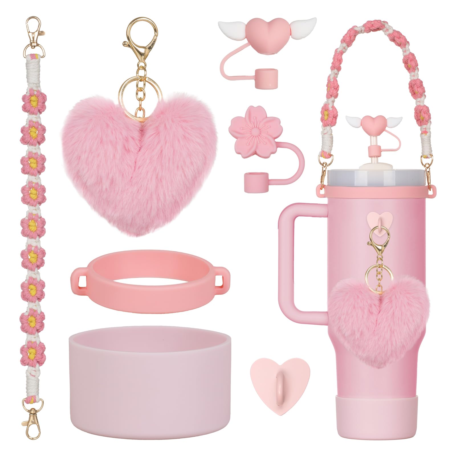 Rabrgab 7Pcs Pink Stanley Cup Accessories Set with Handle Strap, Love Heart/Flower Straw Topper Straw Cover Cap, Silicone Boot, Love Heart Charms for