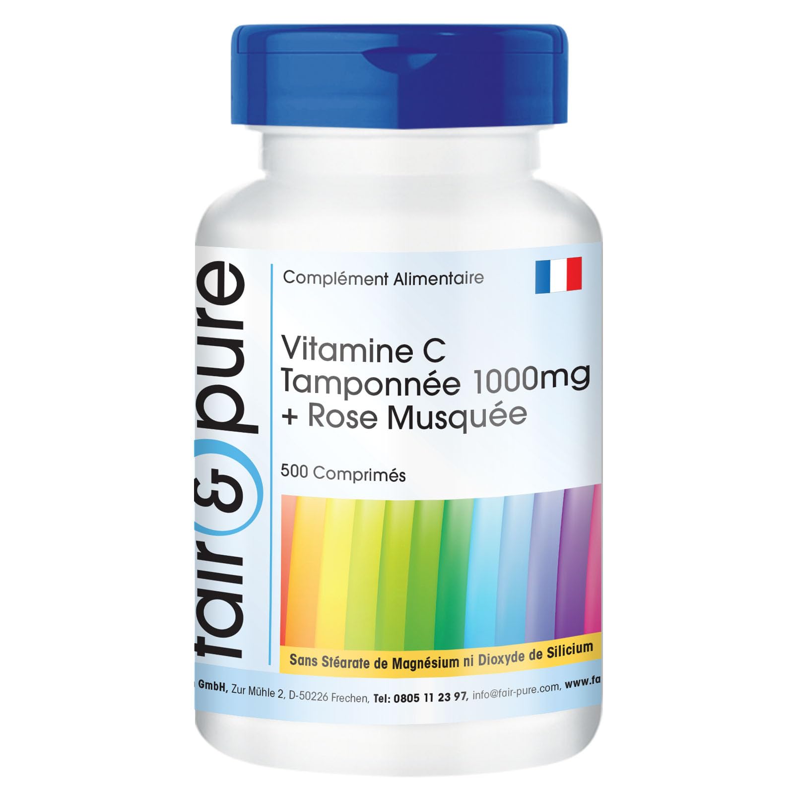 Fair & Pure Vitamine C tamponnée 1000 mg + cynorrhodon, 500 comprimés, hautement dosé avec 1250% VNR, L-ascorbate de calcium, complément alimentaire sans stéarate de magnésium, fabriqué en Allemagne