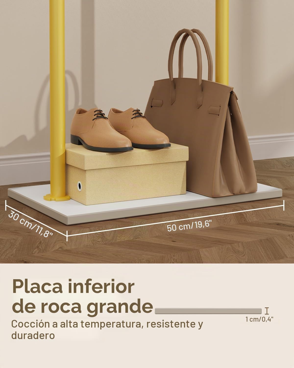 Perchero de Pie, Metal Perchas Independientes, 50x30x175 cm, Golden | Gran Colgador de Ropa Moderno Resistente con Placa Inferior de Roca Gruesa y 2 Ganchos, para Oficina, Dormitorio