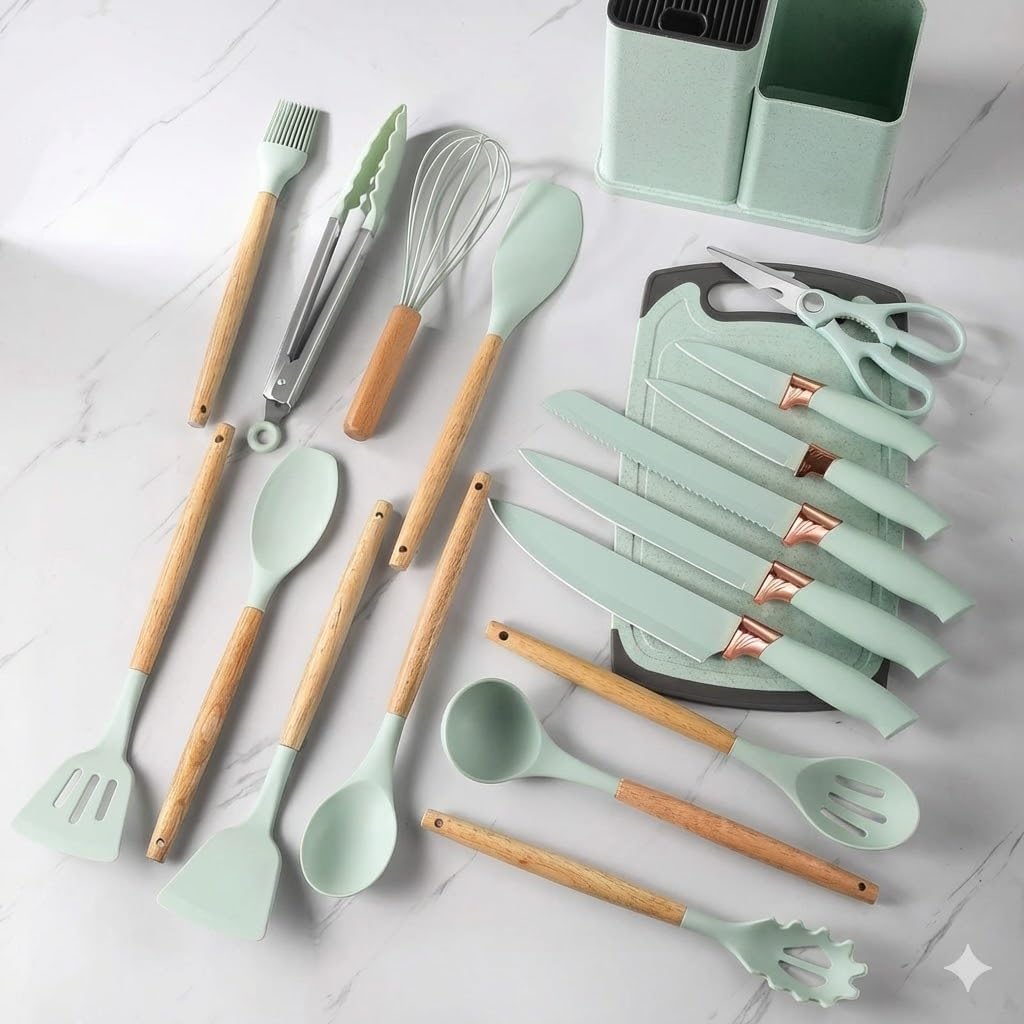 Silicone Kitchen Utensil Set, 19 Piece with Wooden Handles, Cutting Board, Storage Holder, Black Pink Gray Mint Green, Cooking Tools with Organizer (Green)