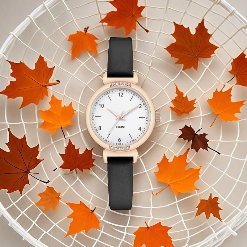 NUOVO Women's Watch - Black & White Diamond Watch with Arabic Numerals, Waterproof & Casual Style, Leather Strap - Image 5