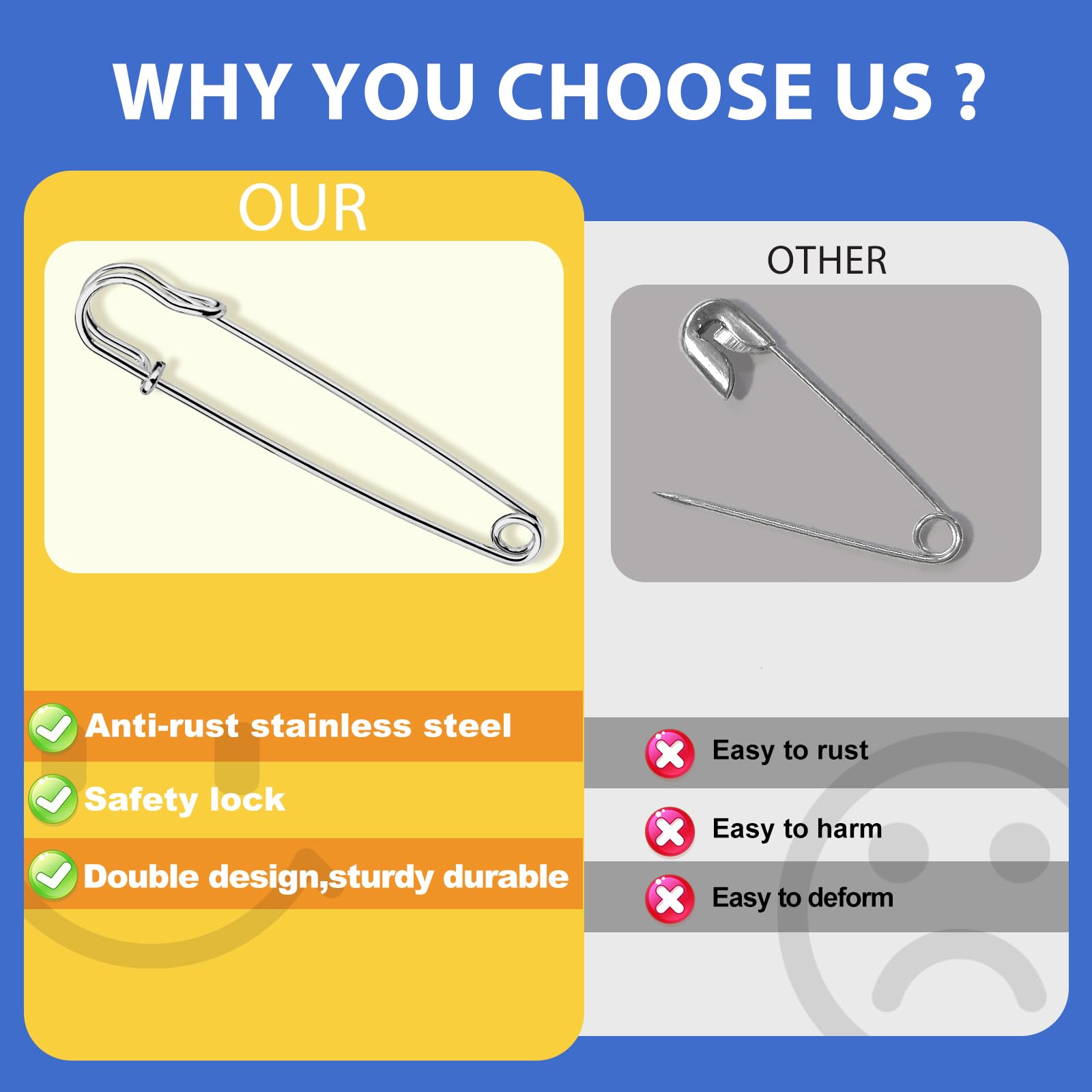 Safety Pins, 15 Pack Large Safety Pin 4 Inch, Heavy Duty Safety Pins for Clothes, Diapers, Blankets, Laundry, Leather Canvas, DIY Crafts (Silvery) — view 5