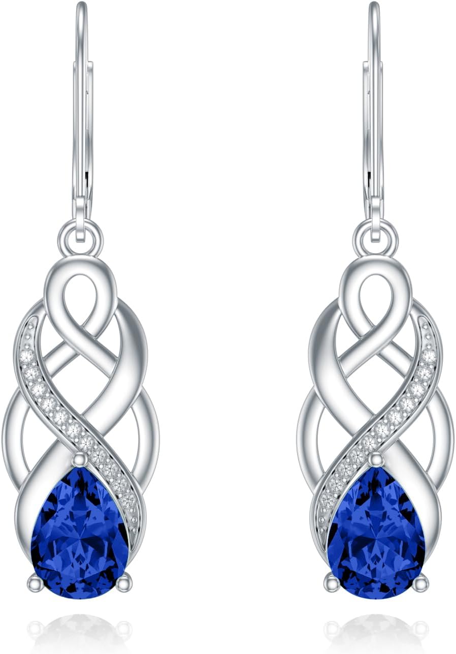 925 Sterling Silver Celtic Knot Good Luck Irish Dangle Drop Leverback Earrings with 12 Months Birthstone, Anniversary Jewelry Gifts for Women Her
