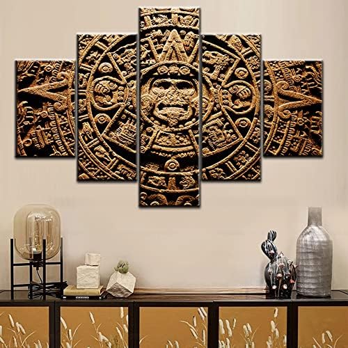 Aztec Calendar Pictures Mayan Culture Poster Paintings Multi Panel Calendario Azteca Canvas Wall Art Living Room Home Decor Ancient Mexican Artwork Framed Ready to Hang Poster and Print(60''W x 40''H)