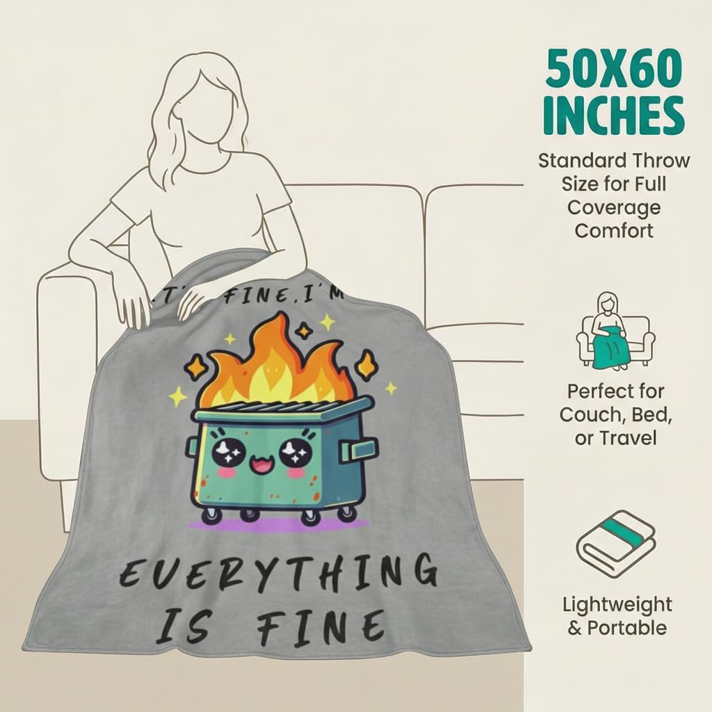 Funny Emotional Support Dumpster Fire Office Chair Blanket Funny Office Gifts for Coworkers Boss It's Fine I'm Fine Everything is Fine Grey Fun Soft Throw Blanket 60"X50" - Image 3