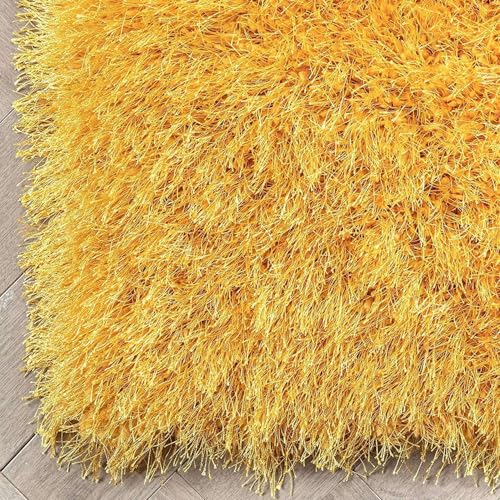 Image of Premium Microfiber Soft Yellow Shag Rug 8x10 Feet Featuring Dense Fluffy Texture, Anti Skid Support and Durable Handmade Quality for Living Room, Bedroom and Hallway