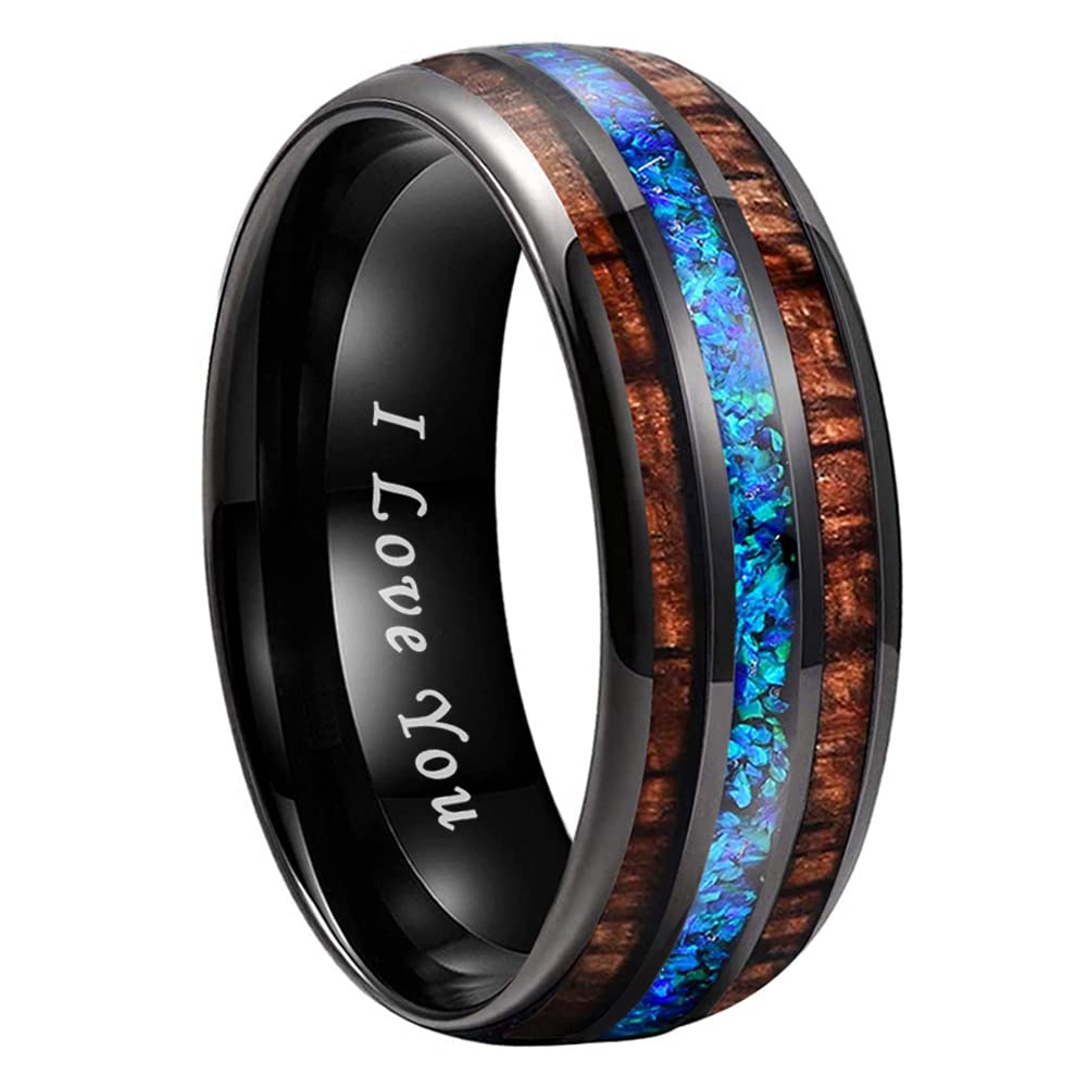 TUTISS 8mm Silver/Black/Gunmetal/Rose Gold Tungsten Rings for Men Women Engagement Wedding Bands Koa Wood Blue Opal Inlay Domed I Love You Engraved Comfort Fit