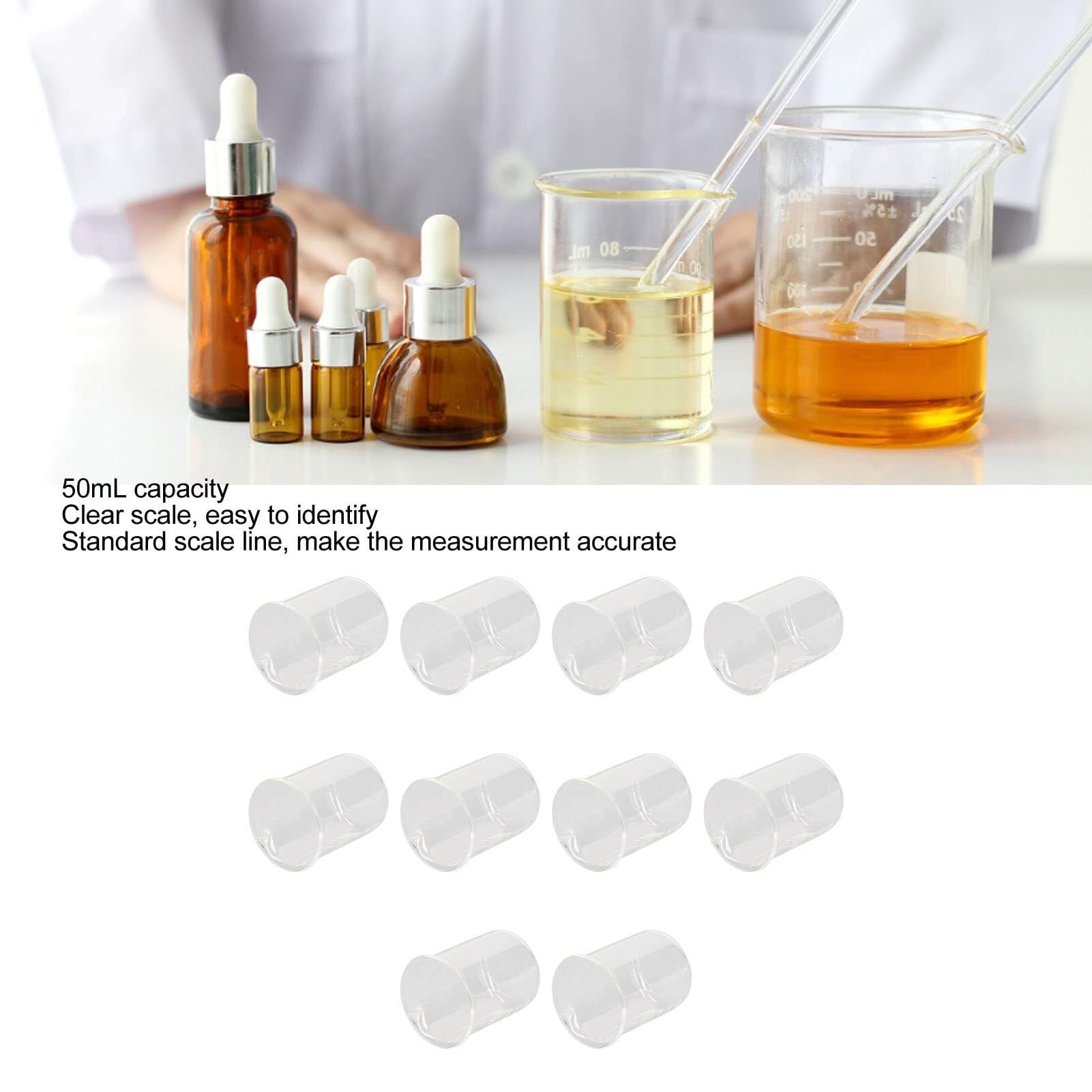 Set di Becher di Misura in Vetro - 10 Pezzi 50ml in Vetro Borosilicato Graduato per Laboratorio e Cucina