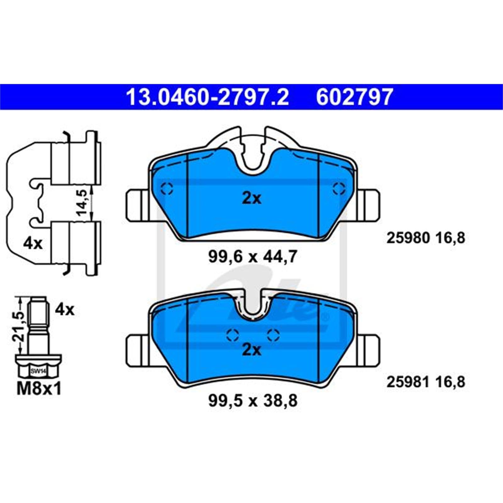 ATE Bremsscheiben 259mm + Beläge hinten | 24.0110-0396.1 + 13.0460-2797.2 + Wk Kompatibel mit Mini (F55),Mini (F56),Mini Cabriolet (F57)