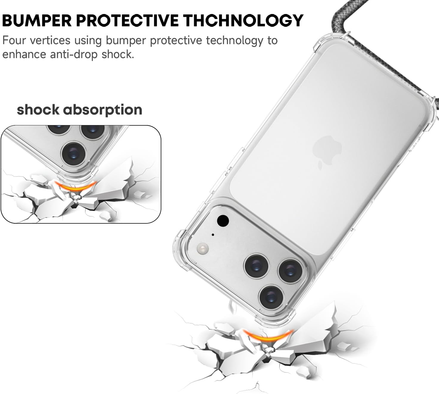 YESPURE for iPhone 17 Pro Phone Case Clear Case Women Adjustable Cord Lanyard Strap Cover Transparent Soft Bumper TPU Shockproof Anti-Yellowing Protective Case Cover for iPhone 17 Pro - Gray - Image 4