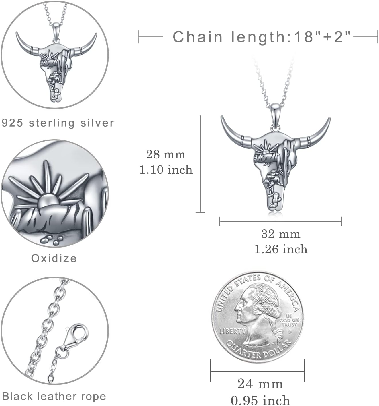 TYSO Western Necklace 925 Sterling Silver Cactus/Bull/Lightning Bolt/Horseshoe Turquoise Country Pendant Jewelry Gift for Women - Image 6