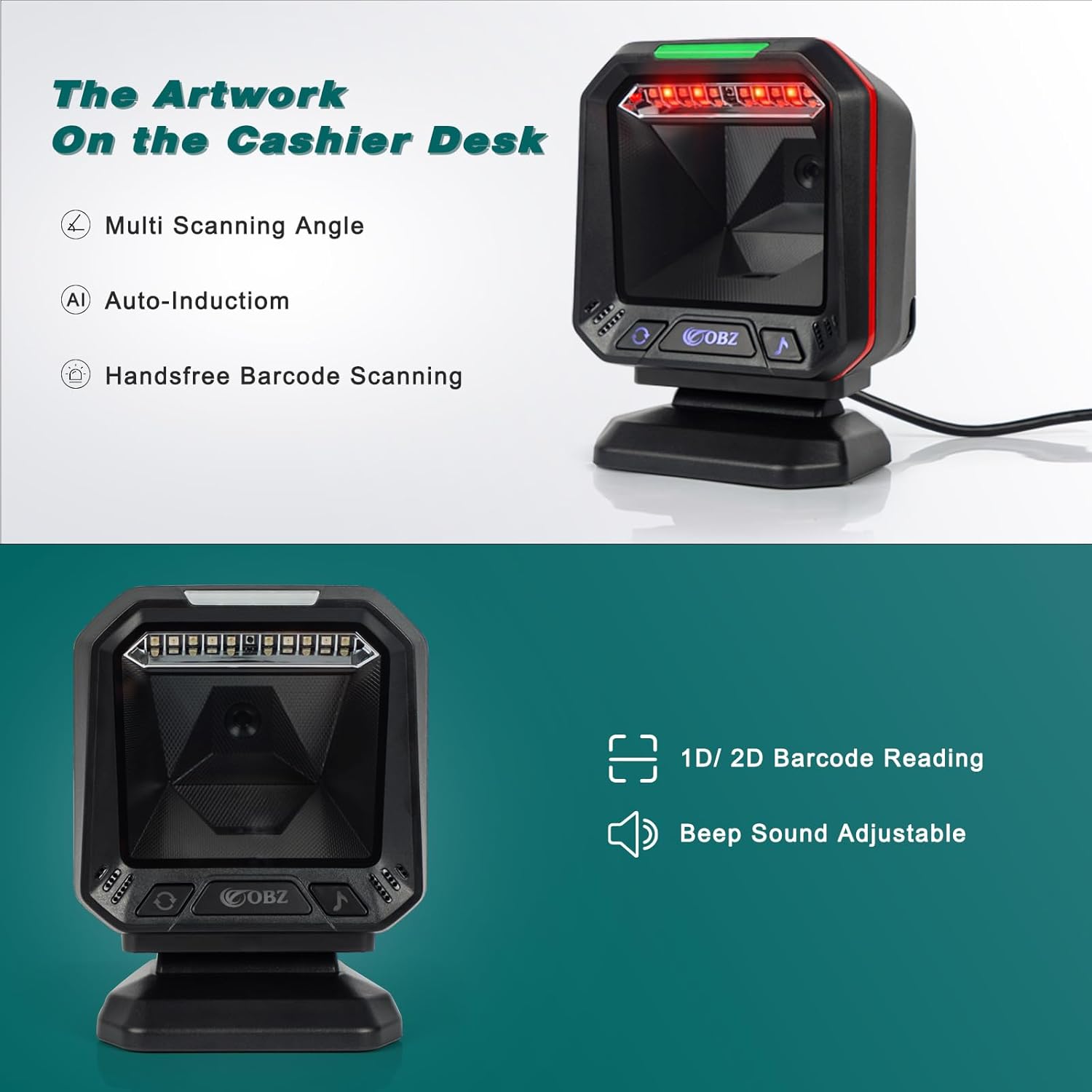 OBZ Desktop-96 Scanner on a cashier desk with multi-scanning angle and auto-induction