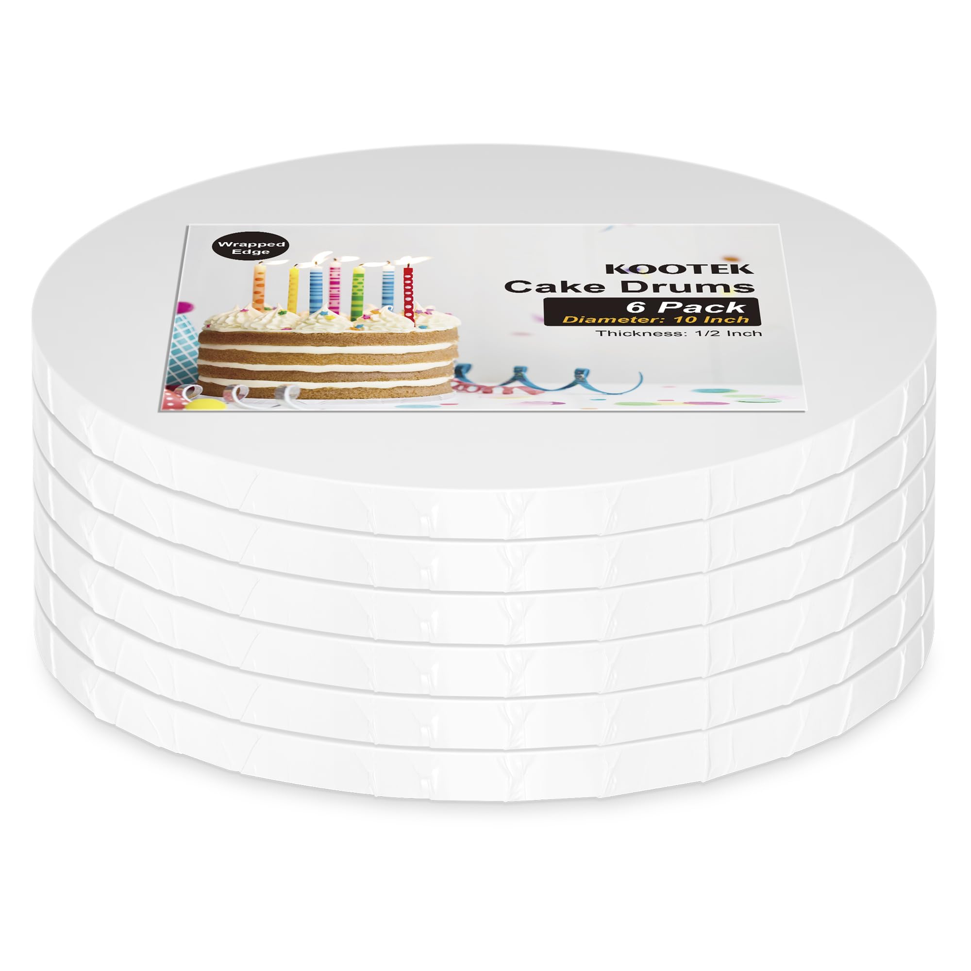 Kootek Cake Boards Drums 10 Inch Round, 1/2" Thick Professional Fully Wrapped Edges Decorating Supplies, White 6-Pack Sturdy Corrugated Cardboard Base