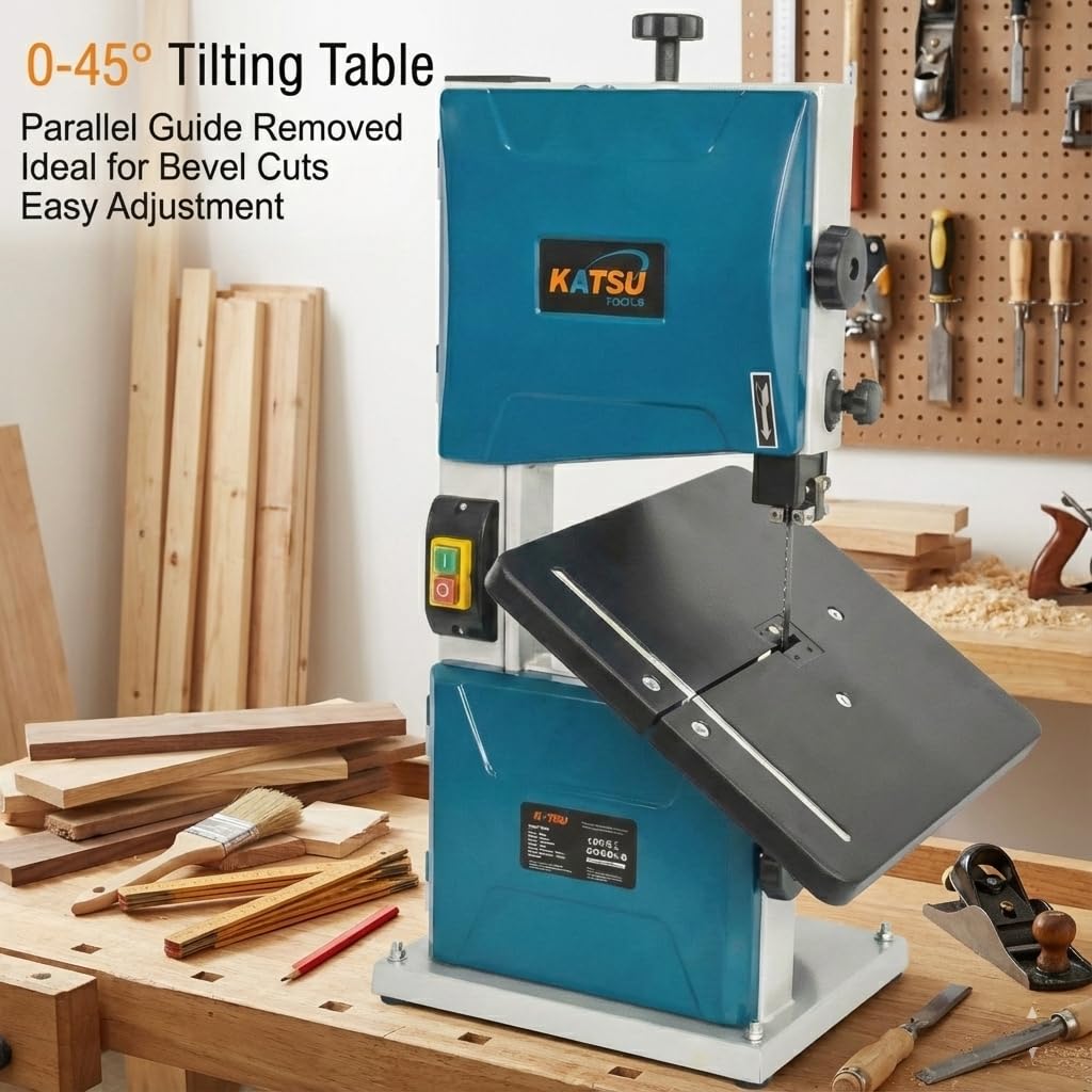 KATSU Tools Tischbandsäge, 200 mm, 350 W, elektrische Bandsäge für die Holzbearbeitung, 45° neigbarer Metallarbeitstisch für Gehrungsschnitte, Sägeblatt im Lieferumfang enthalten, 100555