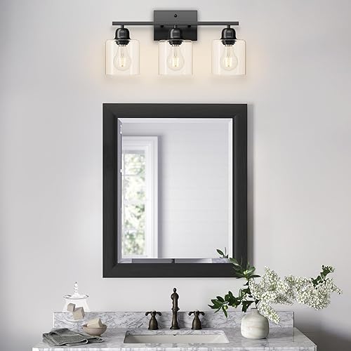 Miniatura 8 de Modernas lámparas de baño de 3 luces, 19 pulgadas negras para baño con vidrio transparente, accesorios de iluminación de baño sobre espejo para