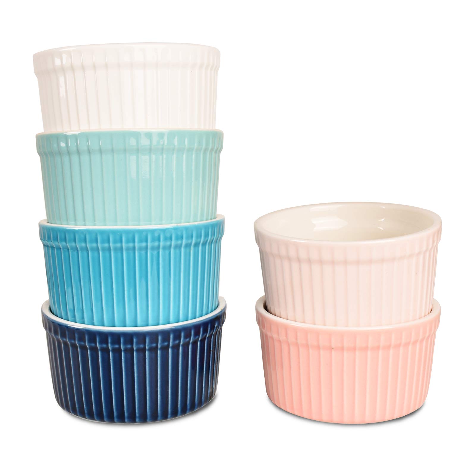 Bosmarlin Porcelain Souffle Dishes, 6 Oz Ramekins for Baking, Creme Brulee, Set of 6 (6 Oz, Multi)