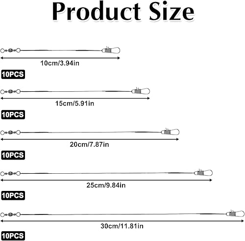 Miniatura 3 de 50 líderes de pesca, líderes de alambre de acero con conectores giratorios y conectores a presión, kit de línea líder de alambre antimordidas de