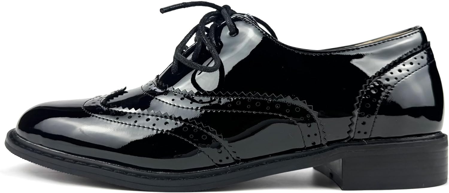 Womens Oxfords Black and White Wingtip Chunky Heeled Patent Leather Vintage Brogue Lace Up Two Tone Saddle Shoes - Image 5