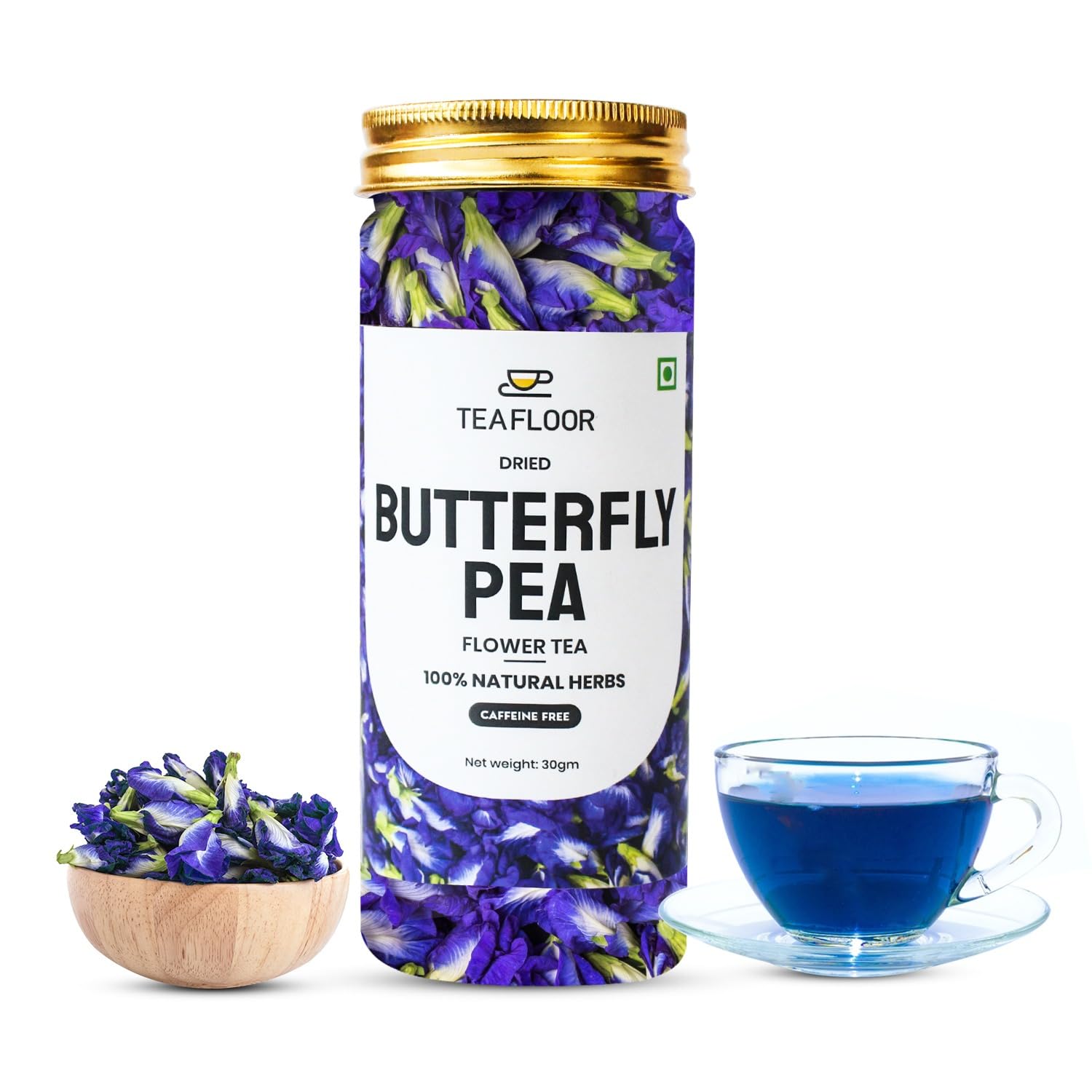 - TEAFLOOR Pure Dried Butterfly Pea Flower Tea, 100% Natural Herbs, Caffeine Free,Suitable as Iced Teas, Coolers and Cocktails Horeca, Net Weight 30g, 60 Tea Cups