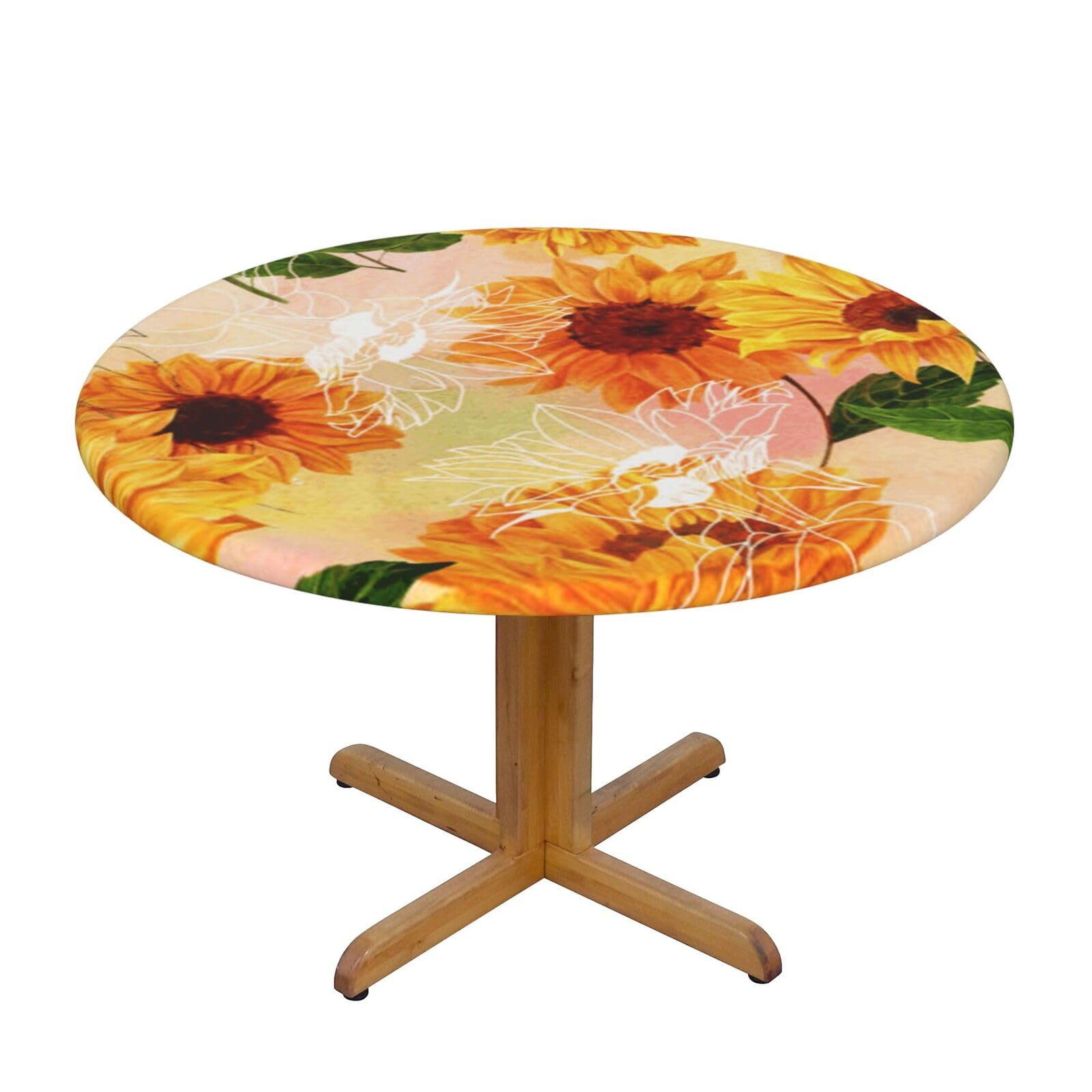 Ffshkowe Beautiful Sunflower Elastic Round Tablecloth Oil Proof Table Cover For Dining Party Picnic