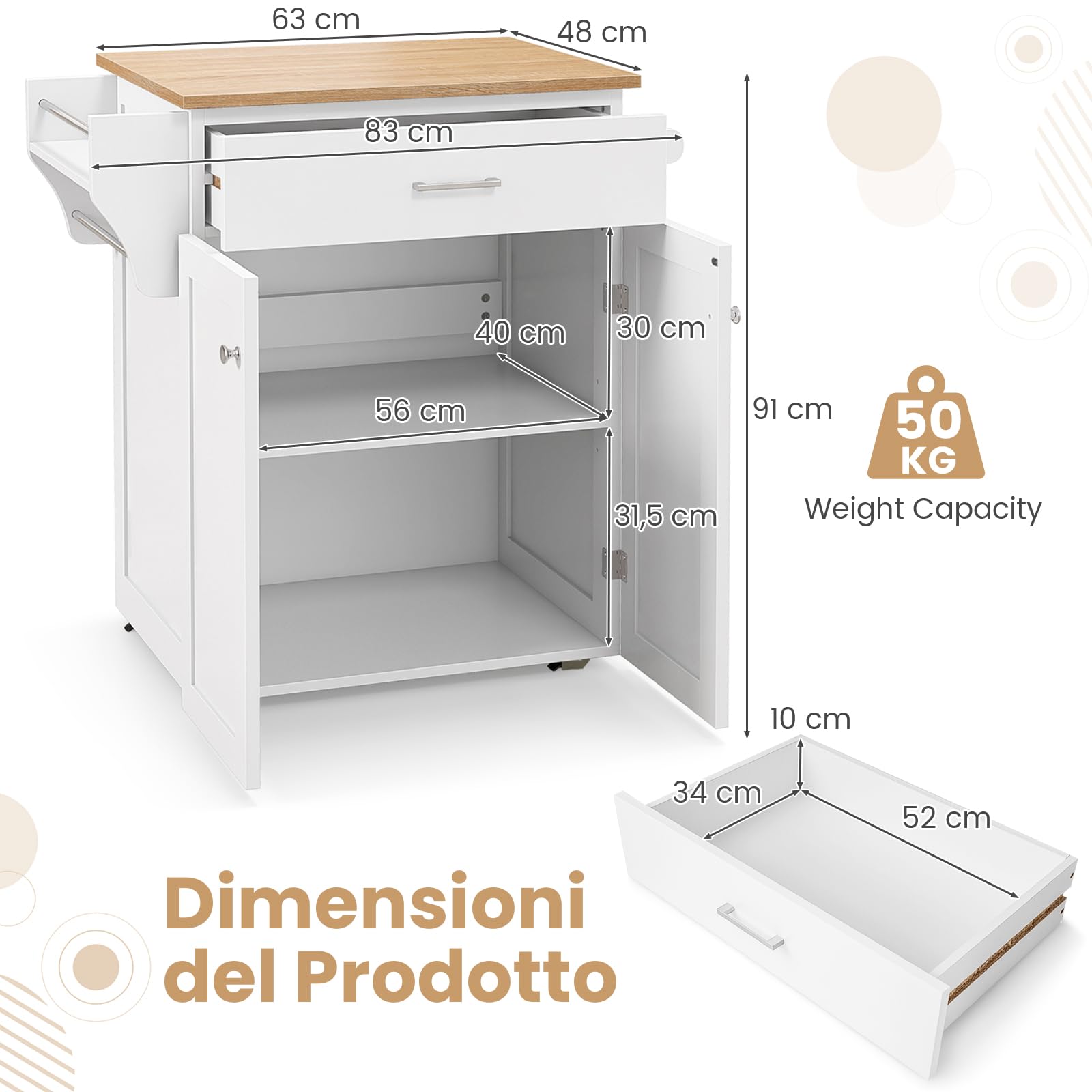 COSTWAY Isola da Cucina con Ruote, Carrello da Cucina con Cassetto e Armadio, Porta Spezie e Barre Porta Asciugamani, Armadietto Mobile con Ripiano Regolabile per Sala da Pranzo, 83x48x91 cm