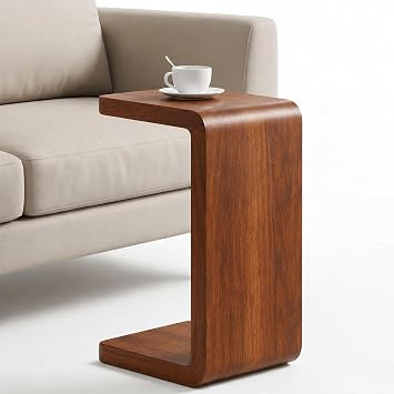 CHSSIH C Shaped End Table for Couch - Wood Sofa Side Table, Warm Walnut