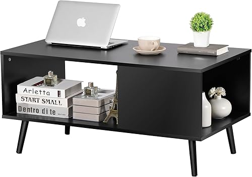 ZenStyle Mesa de centro moderna de mediados de siglo, mesa de centro retro de madera con estante de almacenamiento abierto para sala de estar,