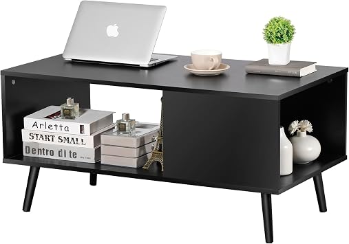 ZenStyle Mid Century Modern Coffee Table, Wooden Retro Coffee Table with Open Storage Shelf for Living Room, Reception, Easy Assembly Black