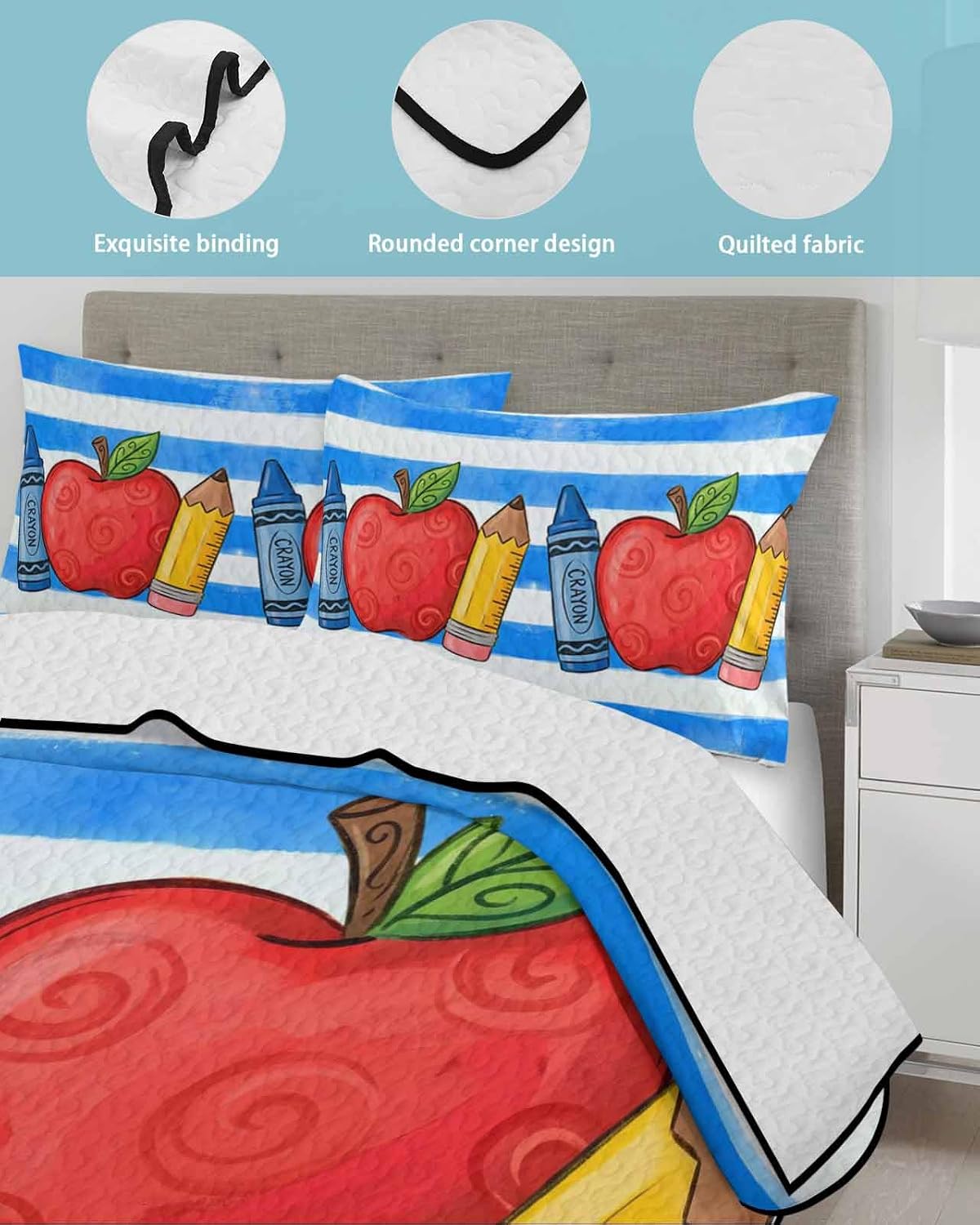 Children's Day Quilt Full Bedding Set, Lightweight Summer Quilt with Pillow Shams 3 Pieces Funny Cartoon Pencil Blue Striped Microfiber Soft Quilt Set Bedspread Coverlet for All Seasons