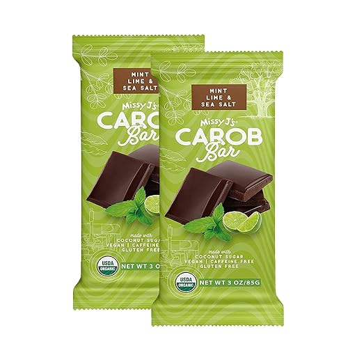 Missy J's Barra de caramelo orgánica de menta de algarroba, lima y sal marina de 3 onzas, paquete de 2 unidades, vegano, sin gluten, sustituto