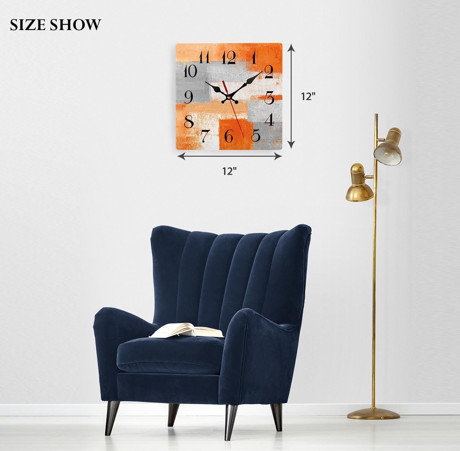 ArtSocket Wooden Wall Clock Silent Non-Ticking, Abstract Orange Grey Geometric Minimalist Checkered Square Rustic Wall Clocks Decor for Home Kitchen Living Room Office, Battery Operated(12 Inch)