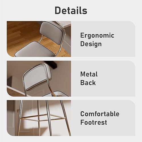 Miniatura 4 de Juego de 4 taburetes de bar modernos de altura de mostrador, piel sintética gris de 26 pulgadas con patas de metal chapado en plata, reposapiés,