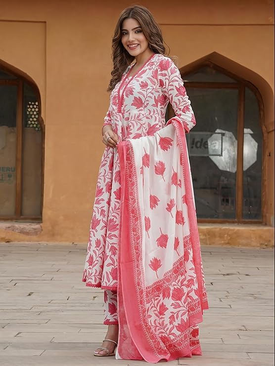 Lookmark Women's Printed Cotton Blend A-Line Kurta Pant Dupatta Set With Lace - Elegant Ethnic Wear For Women - Perfect For Casual And Festive Occasions (Az-Lm-Og-Ks2114 Red-L)