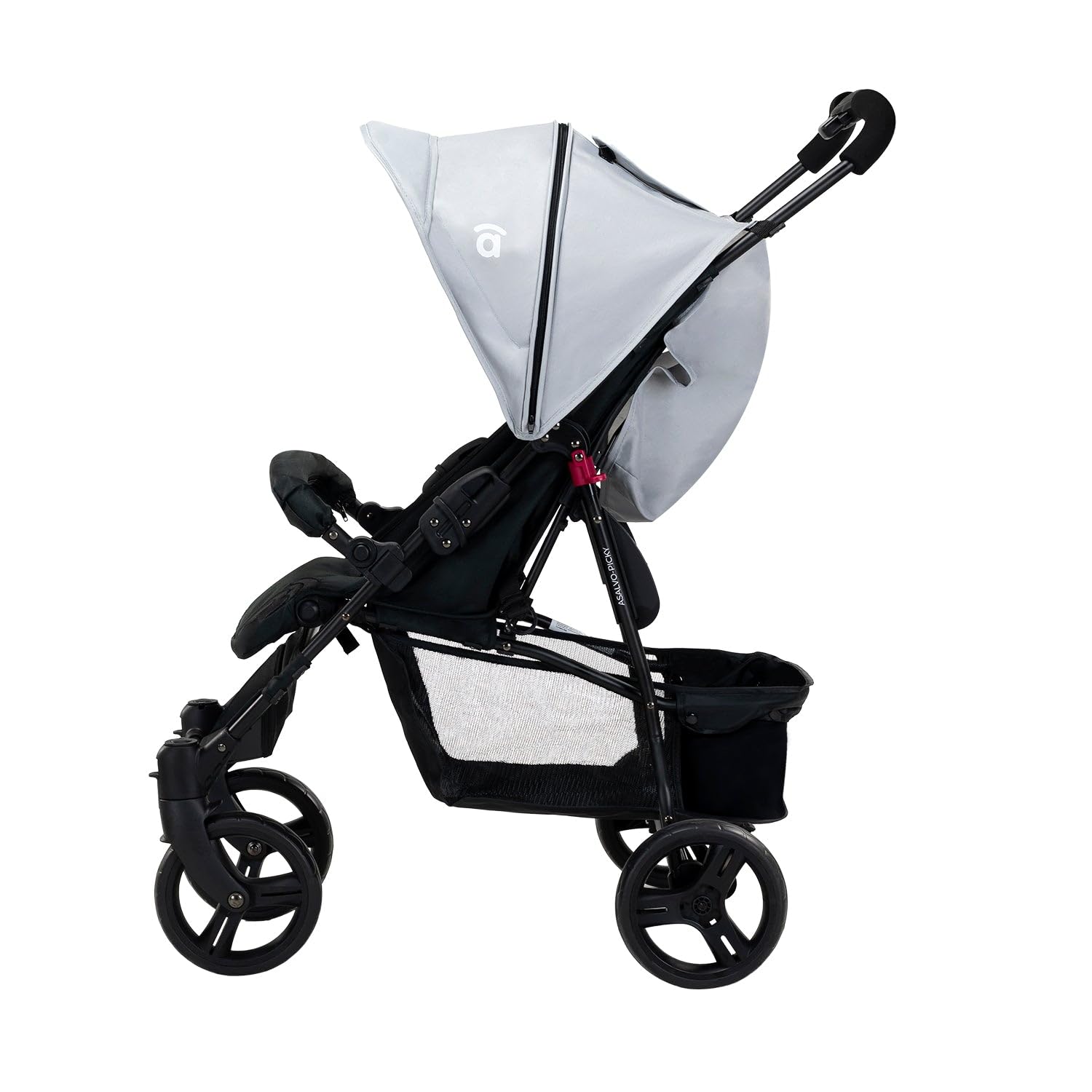 Asalvo PICKY Silla de paseo, Carrito bebé, Carro para bebés, Confortable, Segura, Capota con Ventana, Freno Trasero, Maniobrable, Plegado compacto, Carga máxima 16 kg, Gris