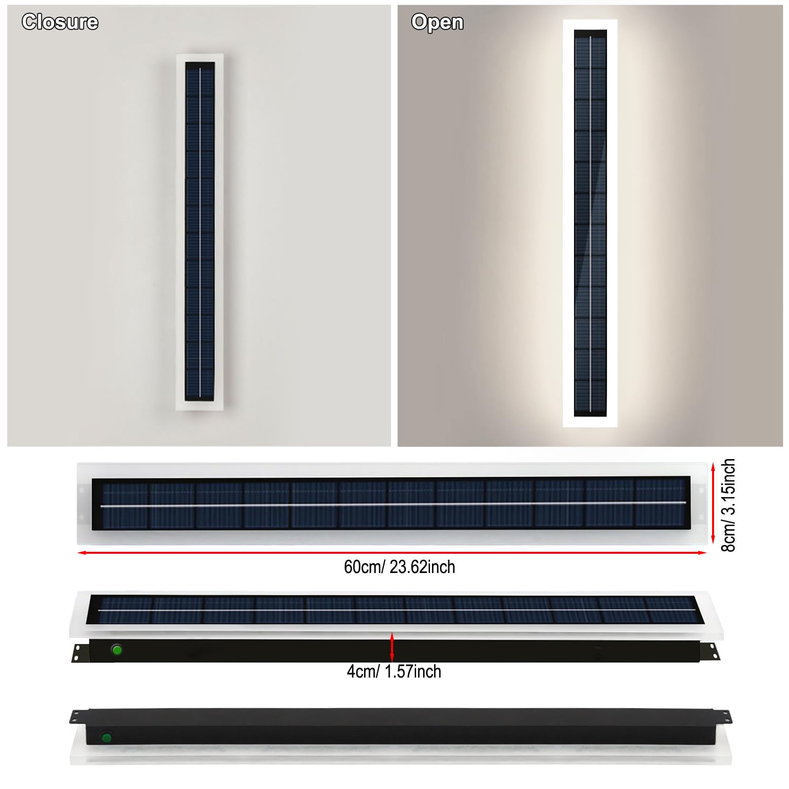 Solar Wandleuchte Aussen 60cm LED Solarlampen für Außen Wand 10W Solarbetrieben Kabellos Lange Außenwandleuchten Wasserdichte Acryl Wandlampe mit Druckknopf Schalter, Warmweiß Lampe