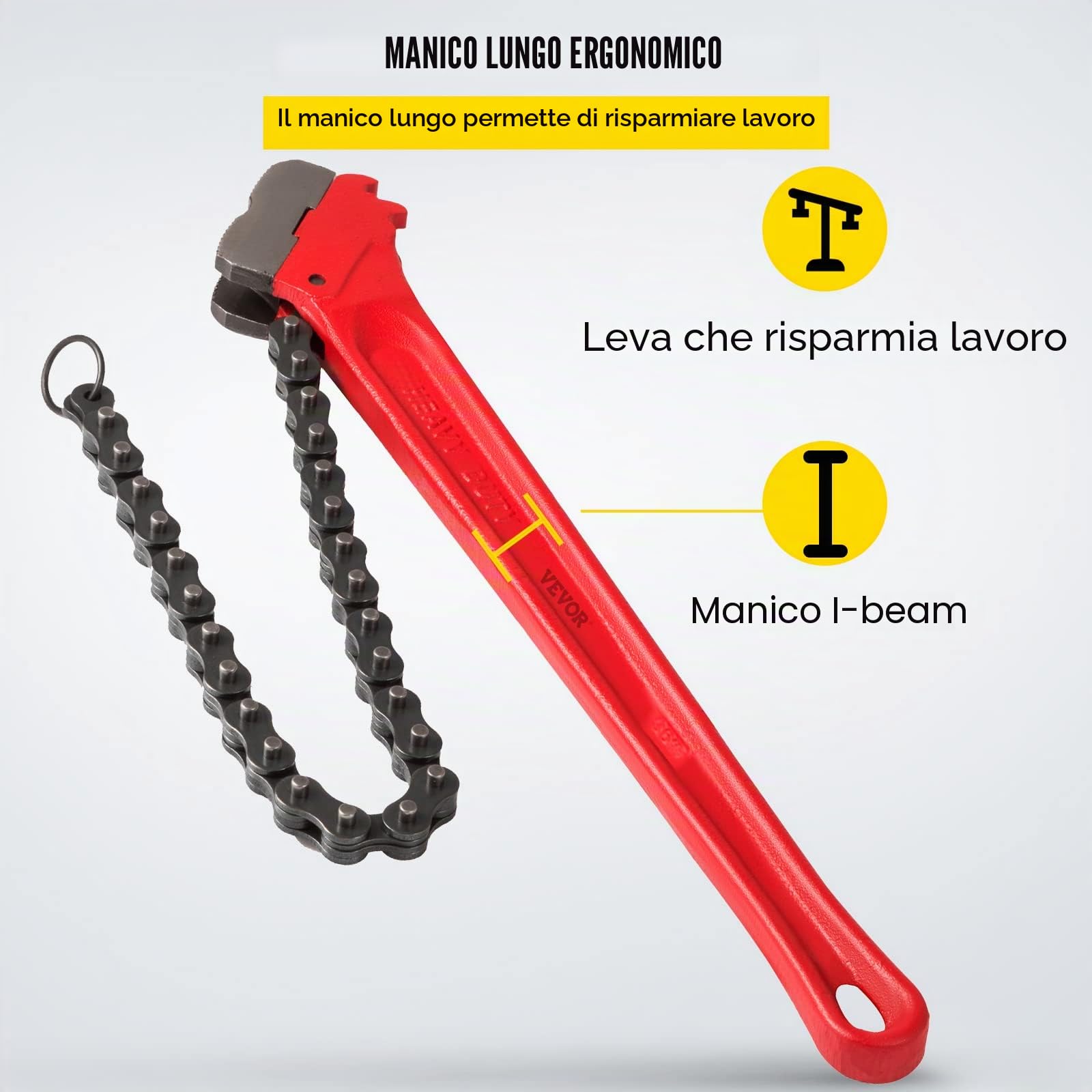 VEVOR Chiave a catena per tubi da 36 pollici, Chiave a catena per filtro dell'olio per impieghi gravosi Capacità da 4-1/2 a 7-1/2 pollici, Chiave a catena da 30 pollici (760 mm) Lunghezza catena Strum