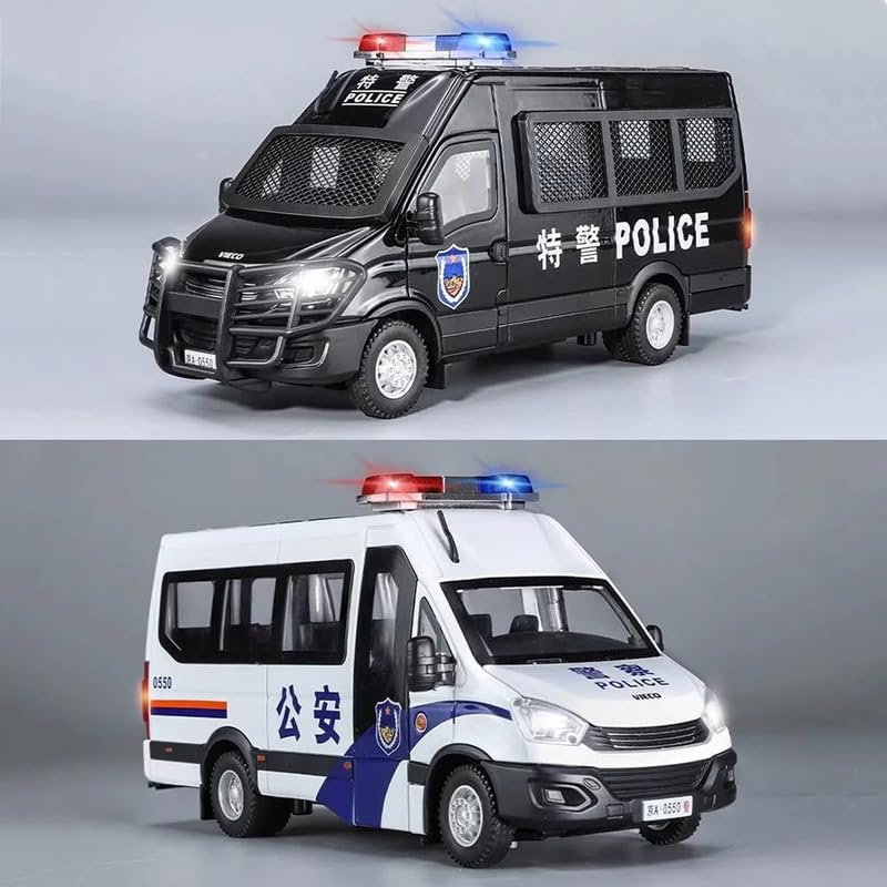 Image of Kids Model 1:24 Van Police Die Cast Metal Car Pull Back Action Opening Doors with Realistic Engine Sound Lights Toy Car Gift for Boys - White