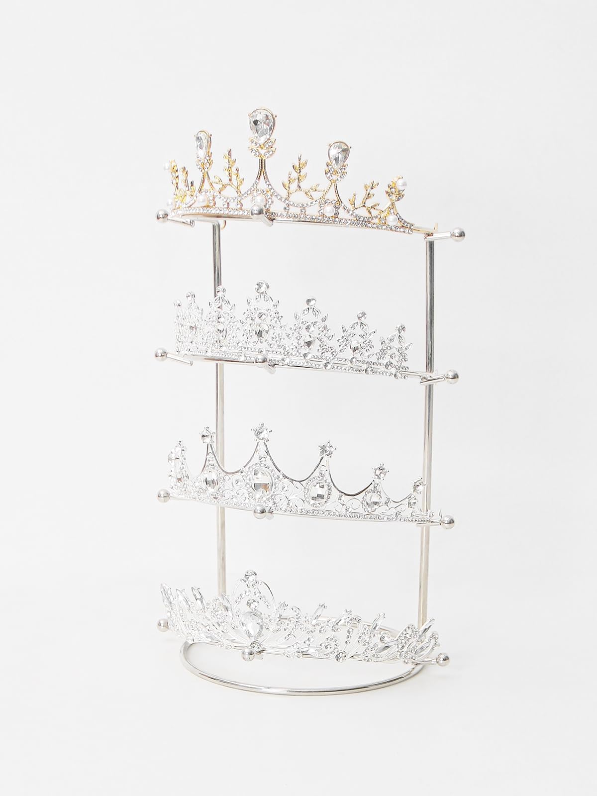 Byken 4 Tier Crown Holder,Tiara Organizer,.Golden Bridal Headdress Display Stand for Selling,Headband Ear Crown Storage Tower,Jewelry Holder for Girls Wedding Home Shop Store (Silver)